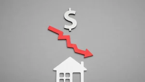 dollar sign with a red arrow point down placed above a house cutout on a grey background